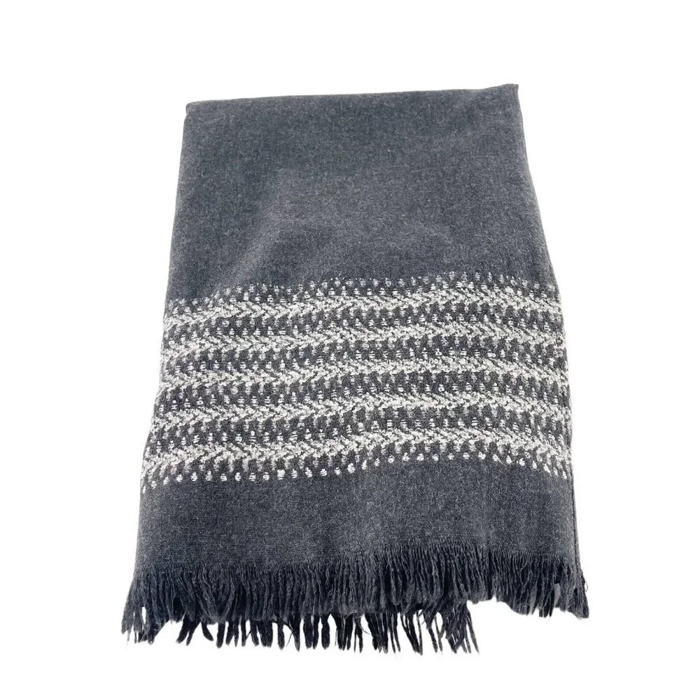 Vtg Michele Wool‎ Blend Fringe Hem Skirt 16 Gray & White Midi Western USA Fringe
